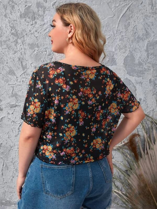 Women Plus Size Floral Print Sheer Mesh Top