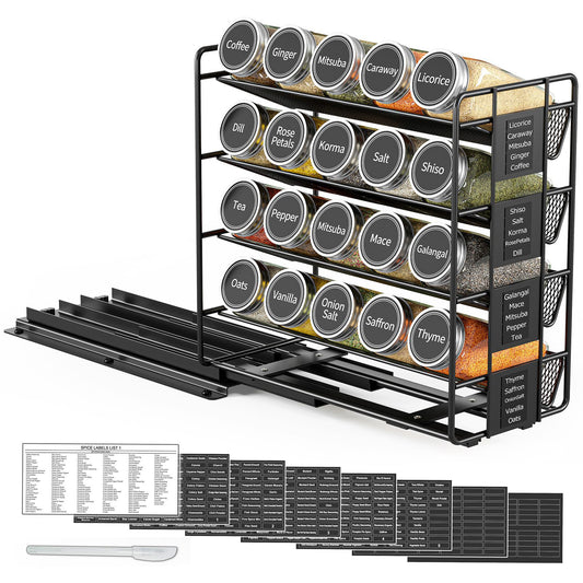 SpaceAid Spice Drawer Organizer with 28 Spice Jars, 386 Spice Labels and Chalk Marker, 4 Tier Seasoning Rack Tray Insert for Kitchen Drawers, 128 Wide