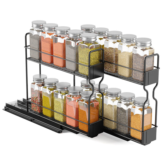 AMBIRD Bamboo Spice Drawer Organizer with Non-slip Mat,4 Tier - 2 Set Jar  Spice Rack Tray From 12''to 24'',Hold up 48 Jars Seasoning Organizer for