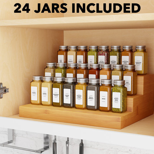 SpaceAid 24 Pcs Glass Spice Jars with Labels and Bamboo Lids, Empty 4oz Seasoning Containers for Spice Rack, Cabinet and Drawer