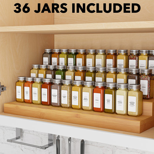 24 Pcs Glass Spice Jars set with Bamboo Lids & Labels - FixSpace