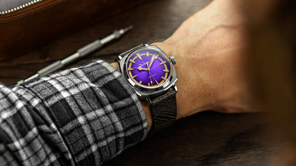 Geckota G-01 purple automatic watch on wrist