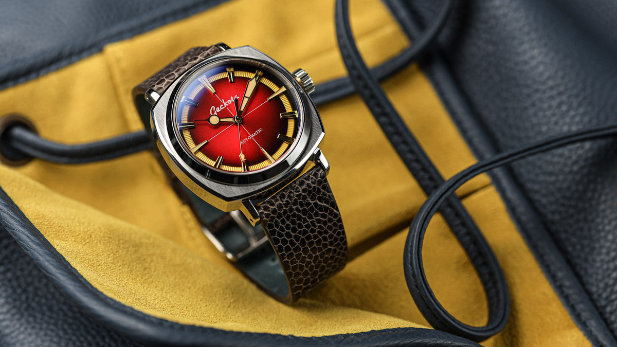 The Geckota G-01 Arctic Edition in Red is supplied on a genuine handmade ostrich leather strap