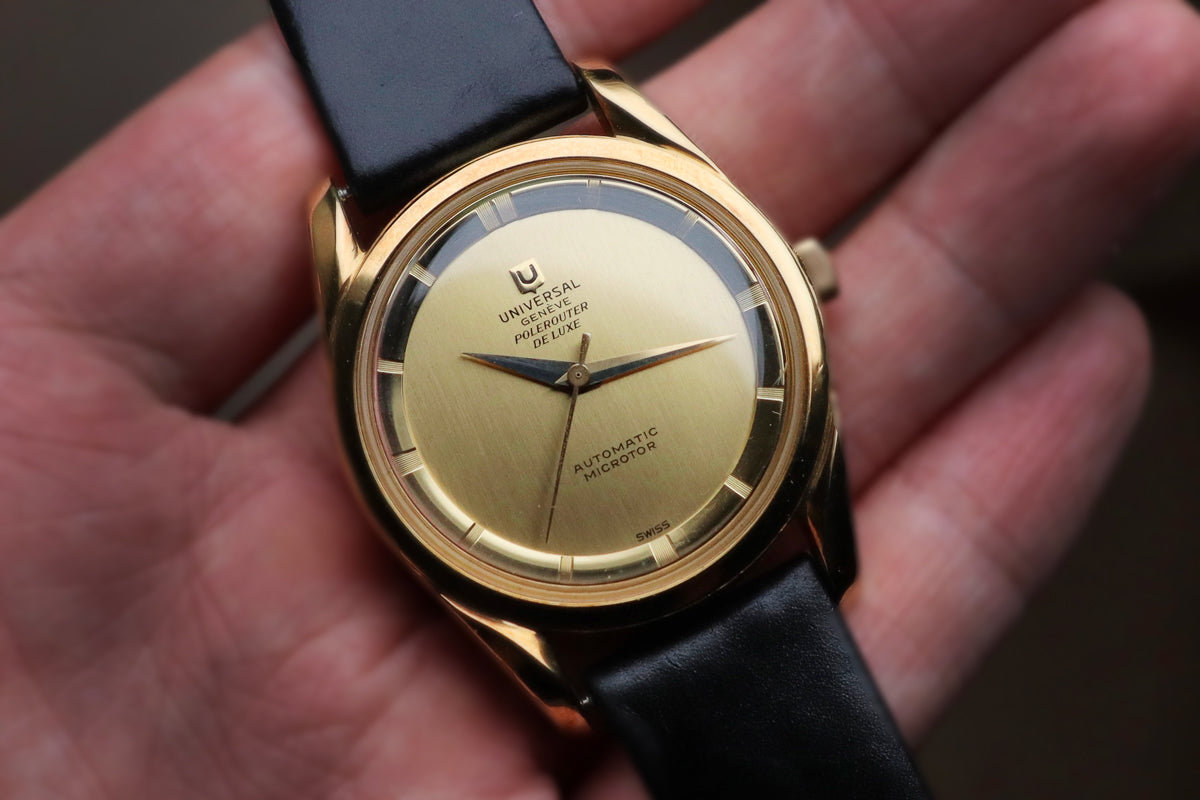An example of a Universal Genève Polerouter DeLuxe in 18ct gold 