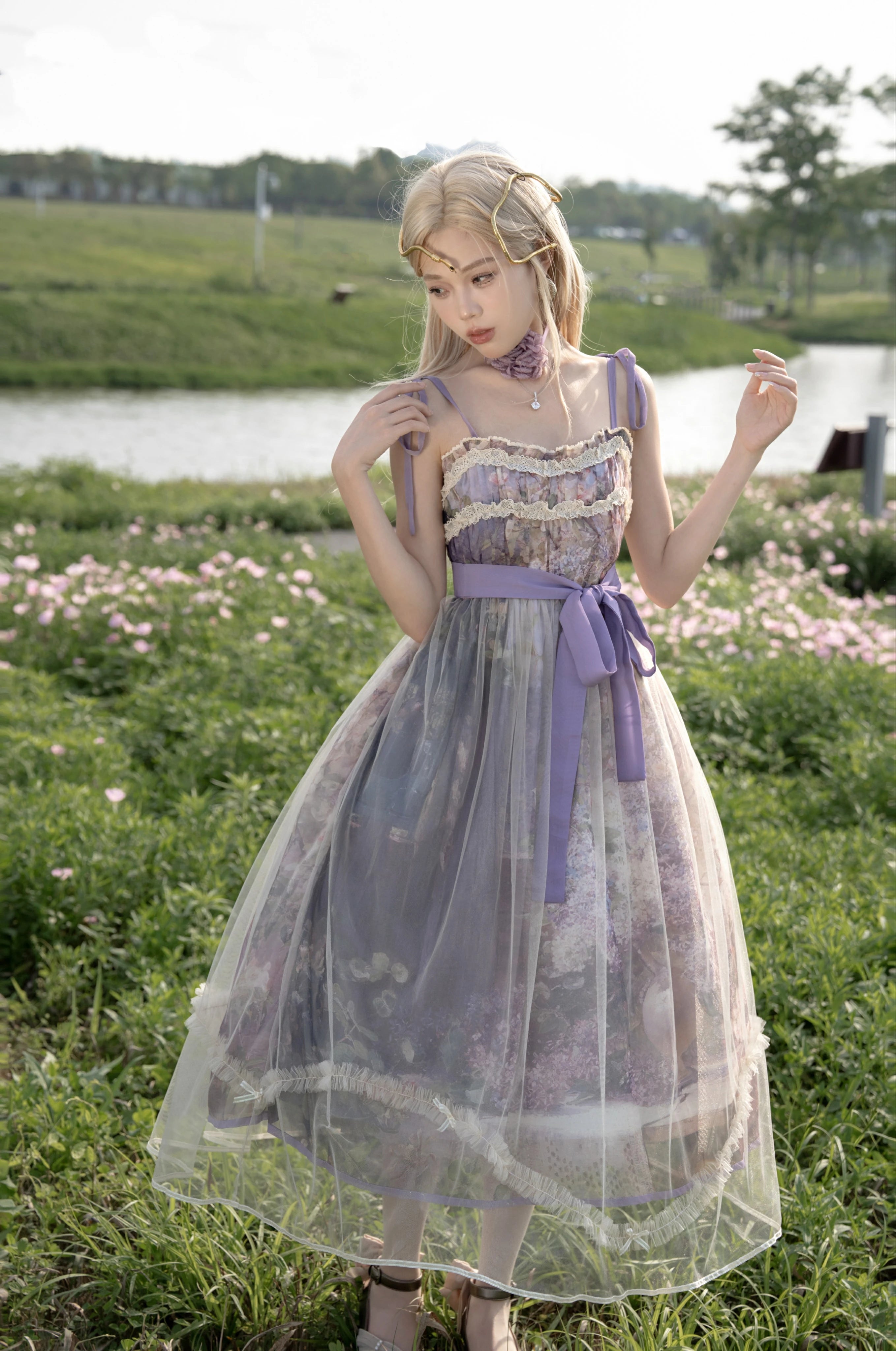 Cyan Lolita - Blooming Tree Shade - Sweet Lolita Strap JSK Bow Oil Painting Print Dress