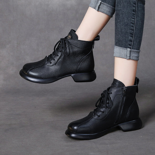 Vintage Leather Flat Women's Boots Cowhide Comfortable Women's Shoes