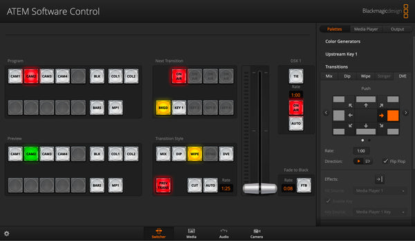 Los modelos ATEM Constellation HD pueden manejarse por medio del panel frontal o del programa ATEM Software Control, incluido en forma gratuita para los sistemas operativos macOS y Windows