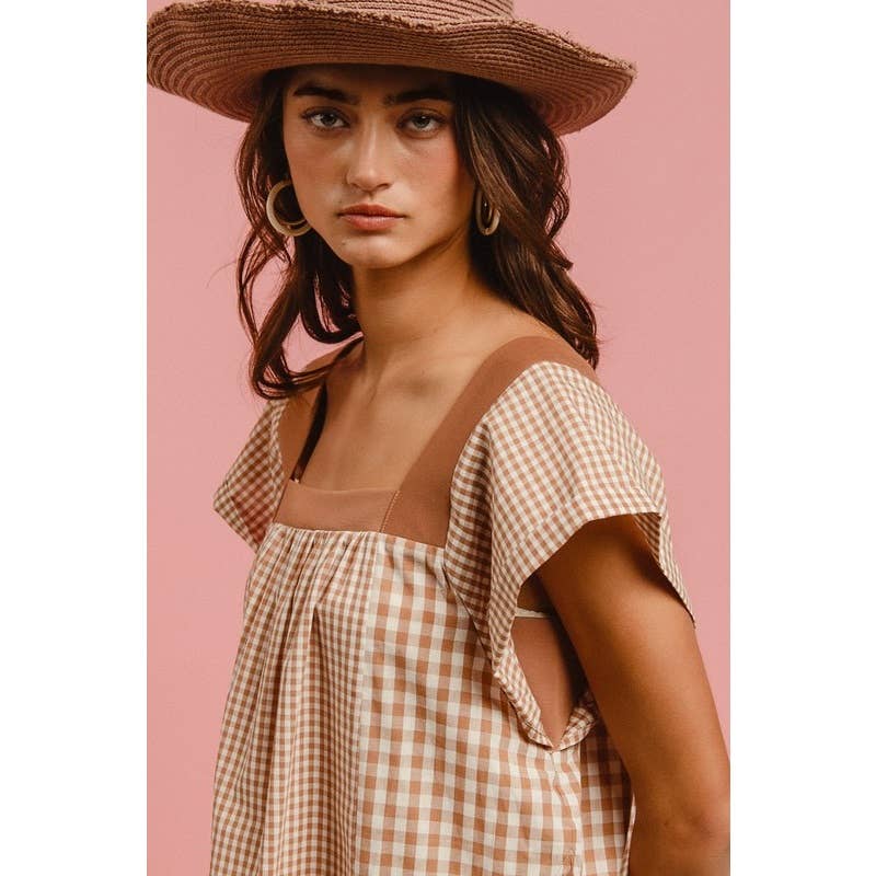 IVE - PLAID MIX AND MATCH SQUARE NECK TOP: MOCHA / S-M-L-XL(2-2-2-2)