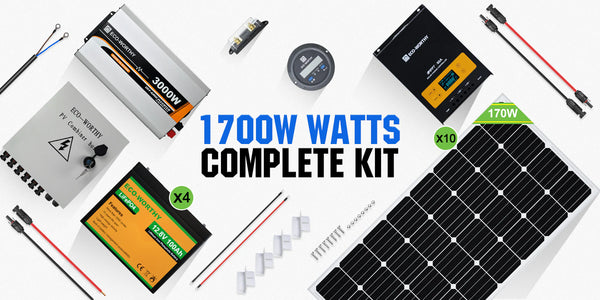 Ein komplettes Solarpanel-Kit mit 1700W, einschließlich Batterien und Zubehör.
