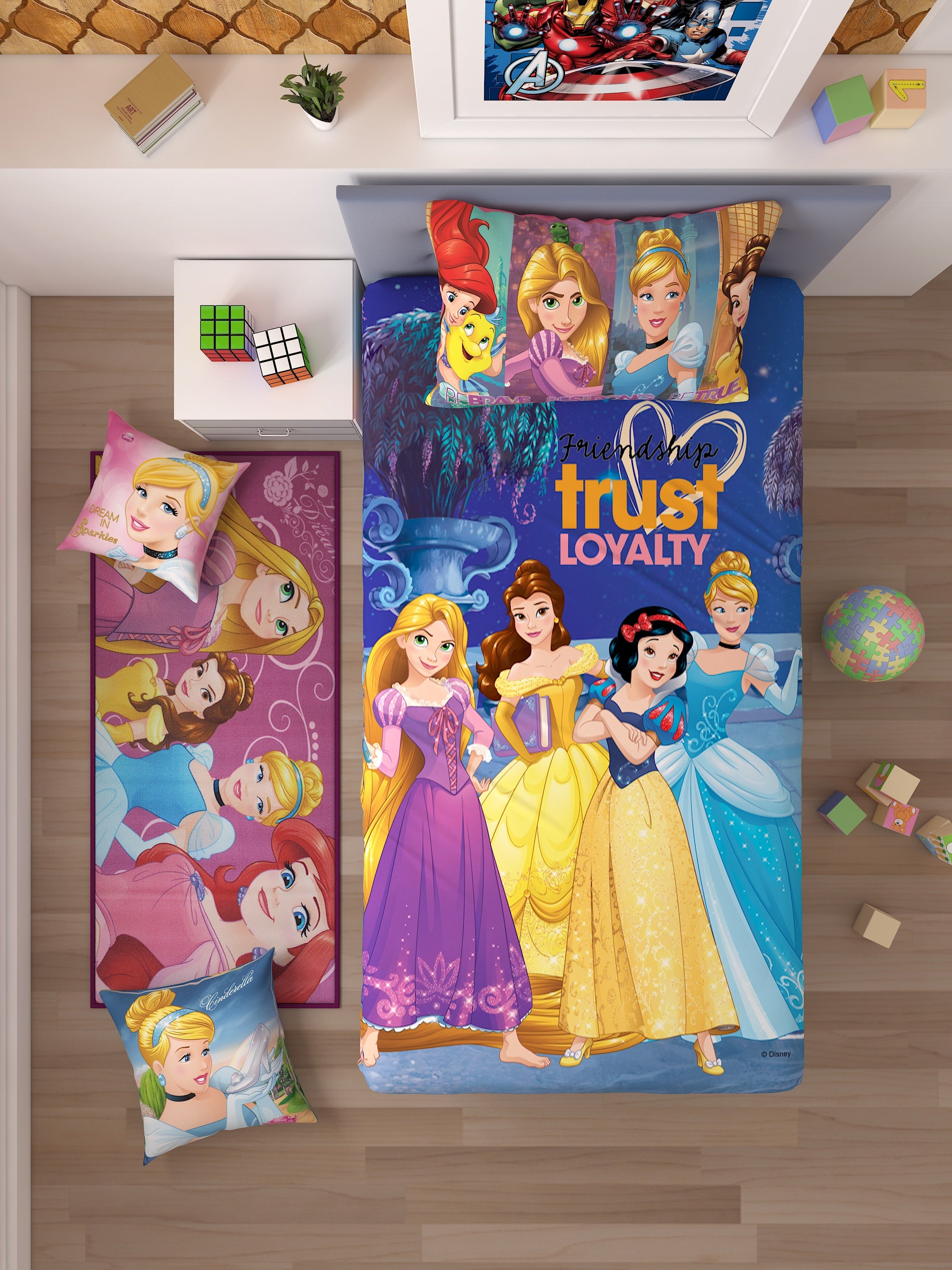 Athom Living Disney Princess Kids Room set 1 Single Bedsheet with Pillow Covers + 1 Runner Carpet+ 2 Cushion Covers