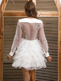 button front spliced mesh layered mini dress