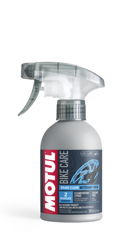 MOTUL BRAKE CLEAN MOTUL® Brake Clean is a powerful, fast-drying, solvent-free, water-based bicycle brake cleaner. Specially formulated with readily biodegradable ingredients to clean brakes, brake rotors and pad residue, MOTUL® Brake Clean also removes dirt and grease from brake rotors. Restores braking performance and eliminates unpleasant squeals. Dissolves oil, grease and tar. Does not leave marks. It evaporates very quickly without leaving marks.