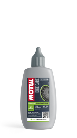 MOTUL CHAIN LUBE DRY MOTUL® Chain Lube Dry lubricates all types of bicycle chains mounted on city, road, mountain bikes, etc. that roll in dry and sunny conditions. Using Ester technology, MOTUL® Chain Lube Dry offers a very high lubricating capacity for bicycle chains, drivetrains, cassettes, cranksets, derailleurs, etc. used in dry conditions. Suitable for conventional and electric bicycles.