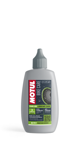 MOTUL CHAIN LUBE WET MOTUL® Chain Lube Wet lubricates all types of bicycle chains mounted on city, road, mountain bikes, etc. that roll in wet or rainy conditions. Using Ester technology, MOTUL® Chain Lube Wet offers a very high lubricating capacity for bicycle chains, transmissions, cassettes, cranksets, derailleurs, etc. and resists washing in high humidity conditions. Suitable for conventional and electric bicycles