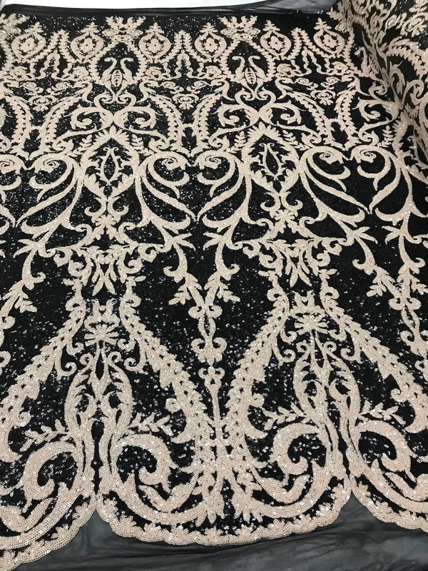 Two-Tone Damask Fabric - Embroidered Damask Design Filled with Sequins on Lace Mesh Sold By Yard