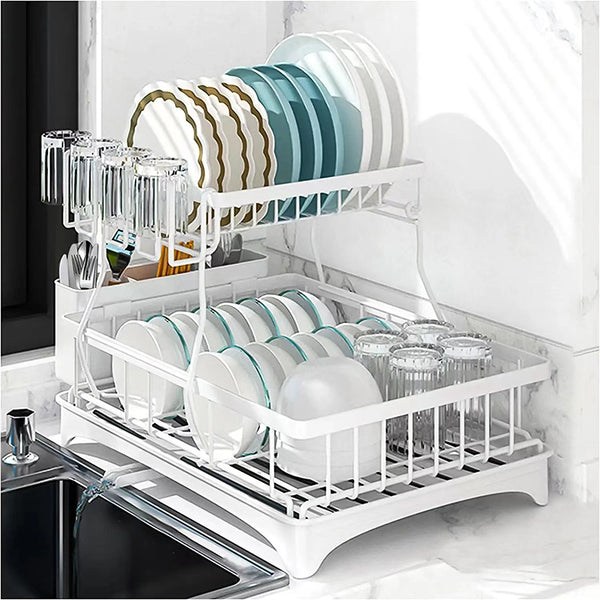 Dish Rack,2-Tier Dish Drying Rack with Drainer Cutting Board Cutlery Holder Dish  Drainer for Small Kitchen Counter Space(White)