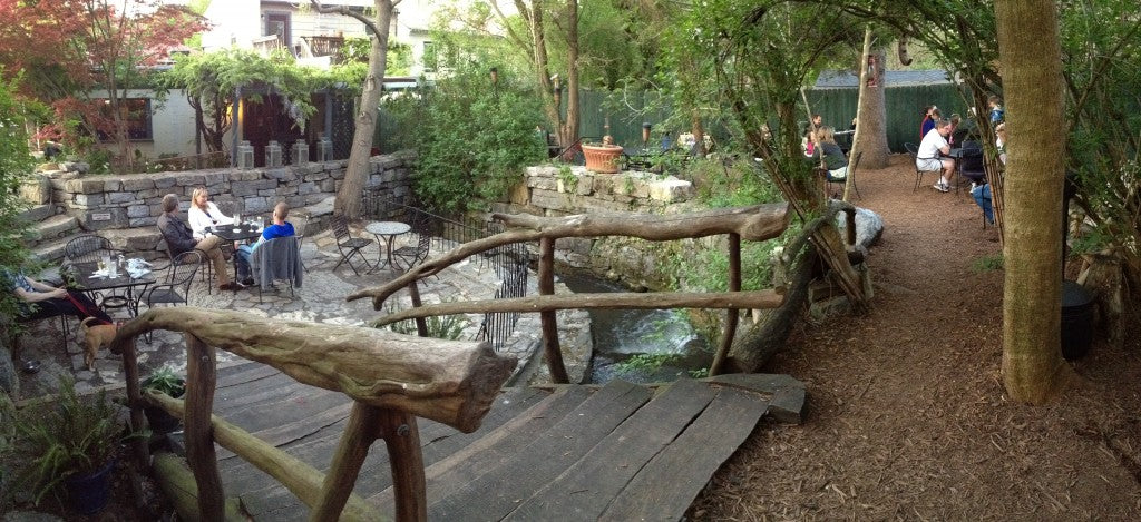 The patio and creek at Blue Moon Cafe.