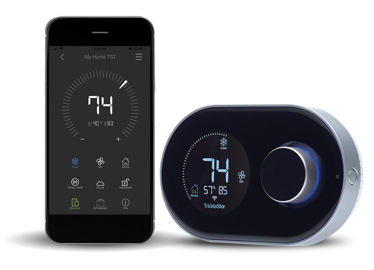 Picture of the TrickleStar Wi-Fi Smart Thermostat and it's mobile App