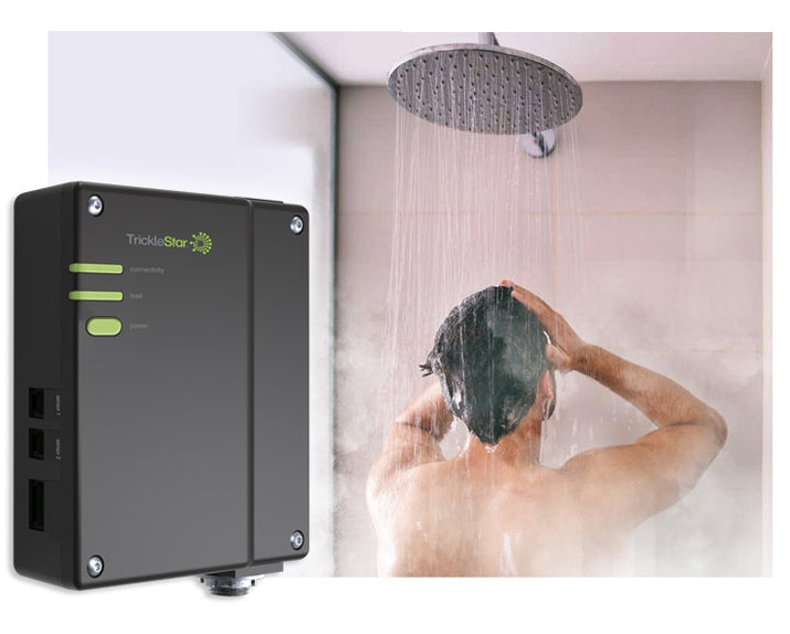 A guy enjoying hot shower with TrickleStar Water Heater Controller