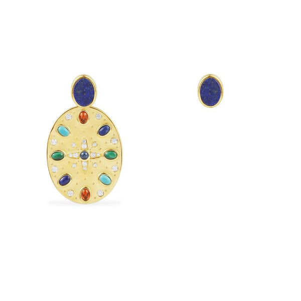Boucles d’Oreilles Asymétriques Médaille Sous-lobe Pierres Multicolores et Clou - argent jaune