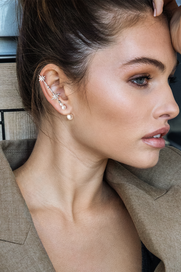 Single Pearl & Météorites Bar Earring - silver