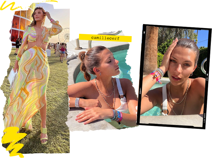 APM Monaco Camille Cerf wearing batik green and purple bracelet 