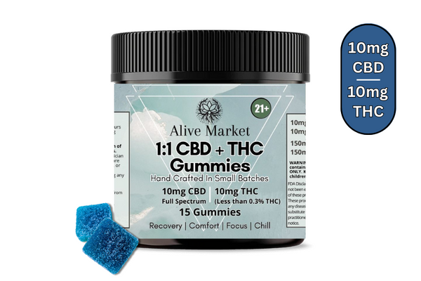 Alive Market 1:1 CBD+THC Gummies | 10mg THC + 10mg Full Spectrum CBD