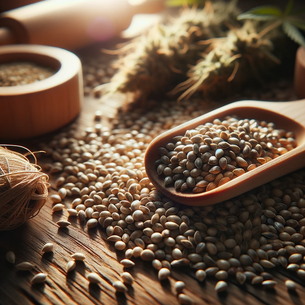 Photo of a close-up view of hemp seeds scattered on a wooden surface, illuminated by soft natural light