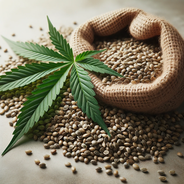 Photo of a pile of hemp seeds with a green hemp leaf resting beside them on a neutral background