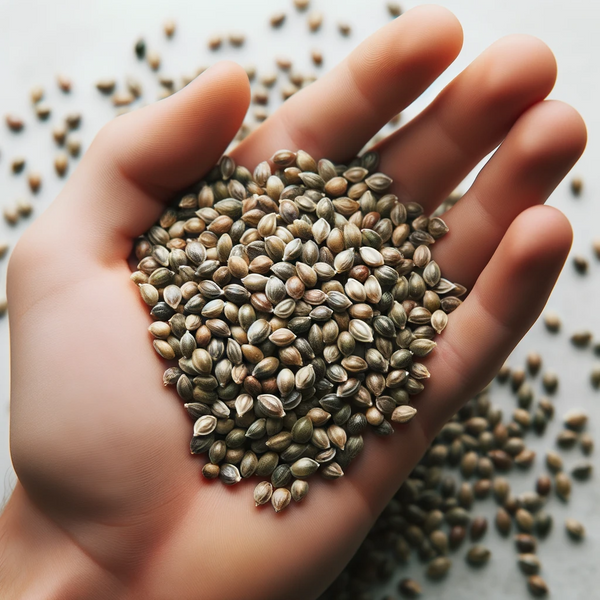 Photo of a handful of hemp seeds held against a white background, showing their texture and color