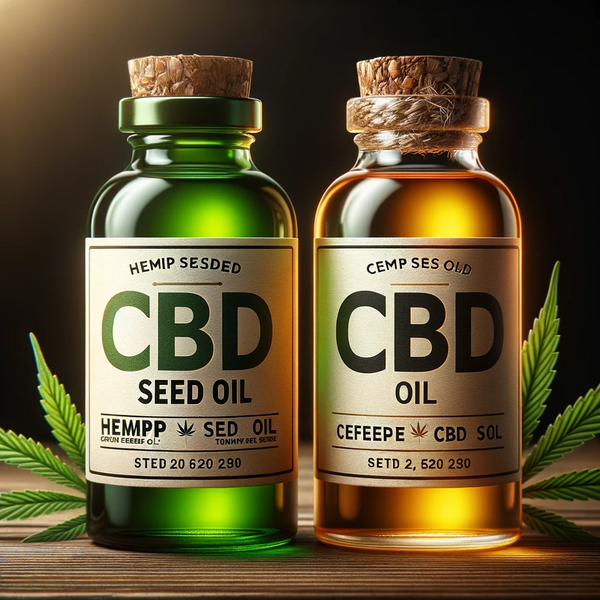 Photo of two bottles side by side, one labeled 'Hemp Seed Oil' with a green hue and the other labeled 'CBD Oil' with a golden tint