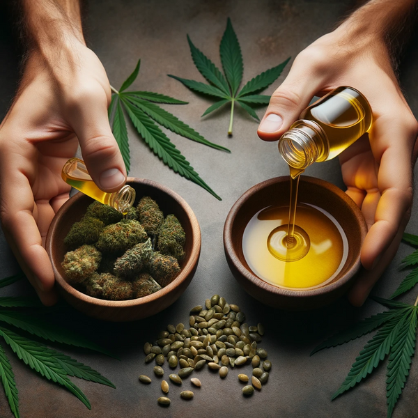Photo of two hands pouring oils into separate bowls; one hand pours hemp seed oil, and the other pours CBD oil, emphasizing the contrast between them