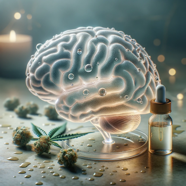 Photo of a translucent brain model on a table with CBD oil droplets around, symbolizing the interaction of CBD with the brain