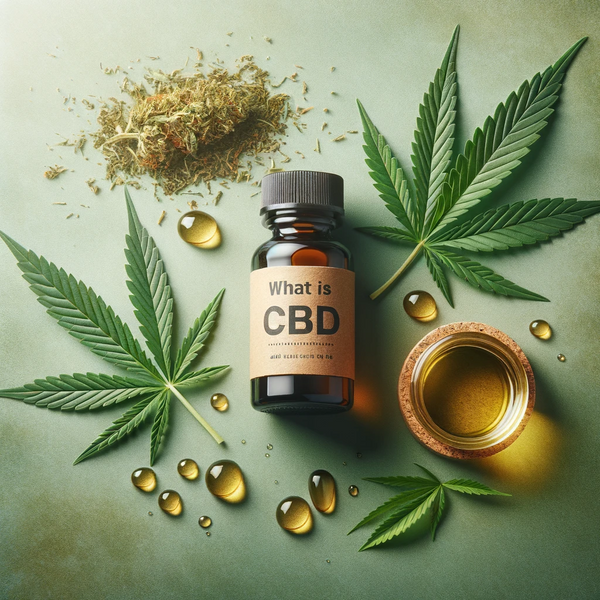 Photo background featuring a CBD oil bottle with droplets, complemented by hemp leaves and a caption 'What is CBD