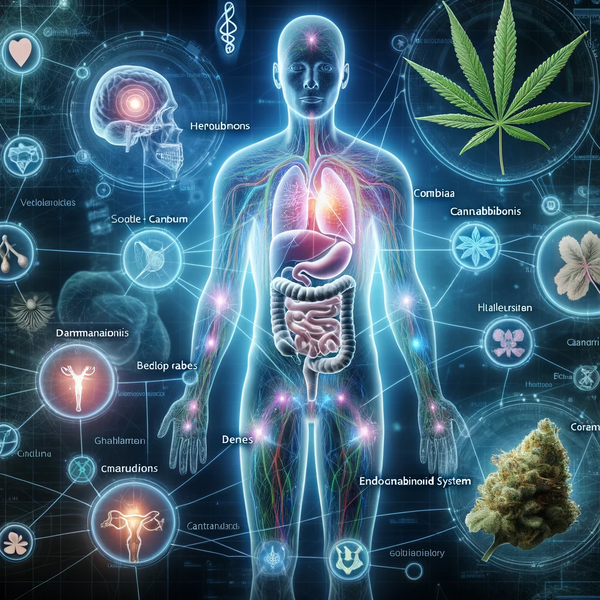 Photo background with overlaid graphics detailing The Endocannabinoid System (ECS) in relation to organs and tissues