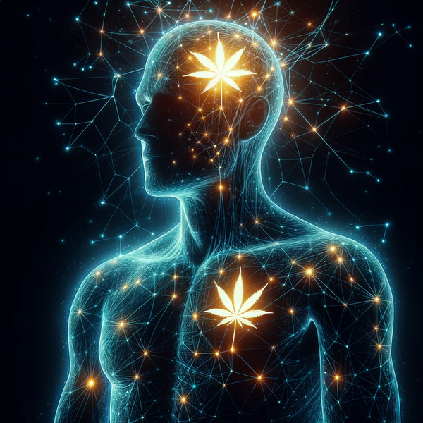 Photo background of a human silhouette with glowing points indicating the Endocannabinoid System (ECS) receptors.