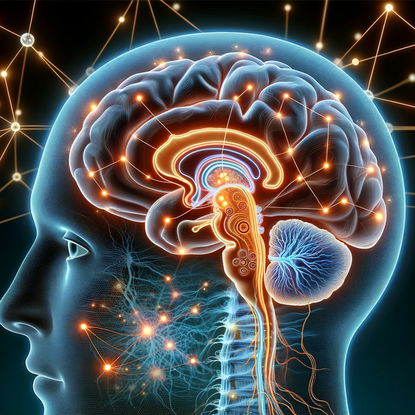 Illustration of the human brain showcasing the Serotonin System with highlighted neural pathways and serotonin neurotransmitters.