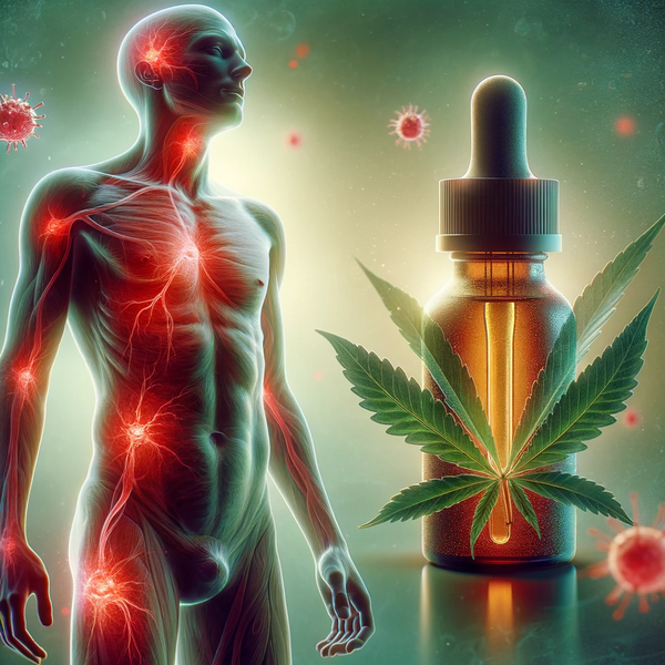 Photo background of a body silhouette with red inflamed areas, and CBD oil droplets hovering over them, symbolizing relief and healing