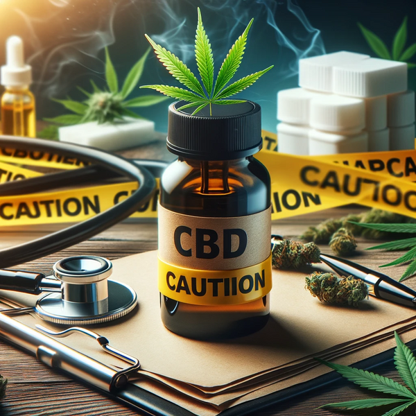 Photo background of a CBD oil bottle with caution tape wrapped around it, symbolizing the considerations needed before consumption.