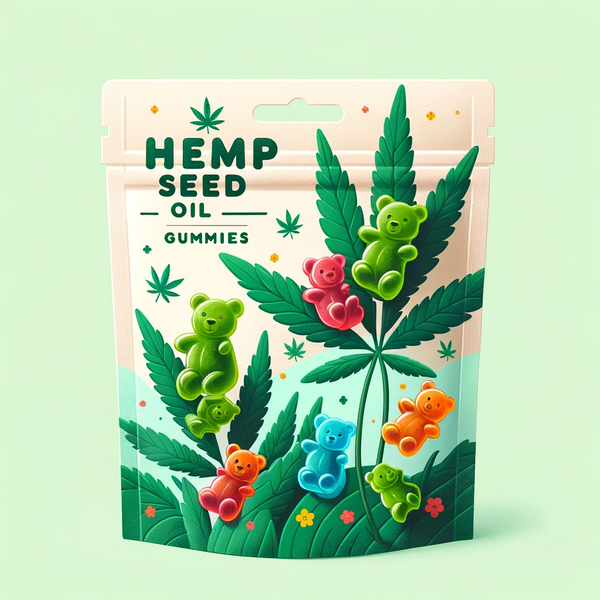 Illustration of a whimsical, colorful packaging design for hemp seed oil gummies, featuring vibrant green gummy bears climbing a stylized hemp plant.