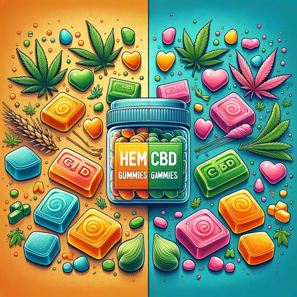 Illustration of a split image comparing hemp gummies on one side and CBD gummies on the other, each side with distinct visual cues such as color