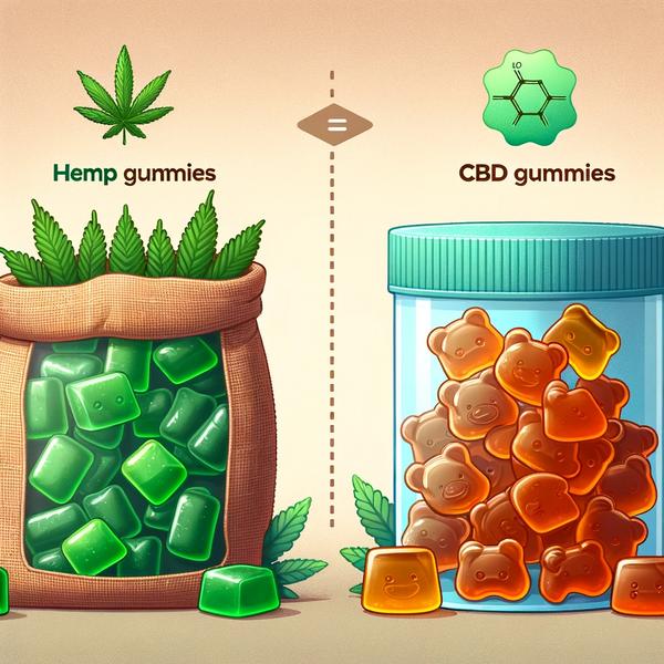 Illustration depicting a side-by-side comparison of hemp gummies and CBD gummies. On the left, hemp gummies are represented by green, leaf-shaped candies