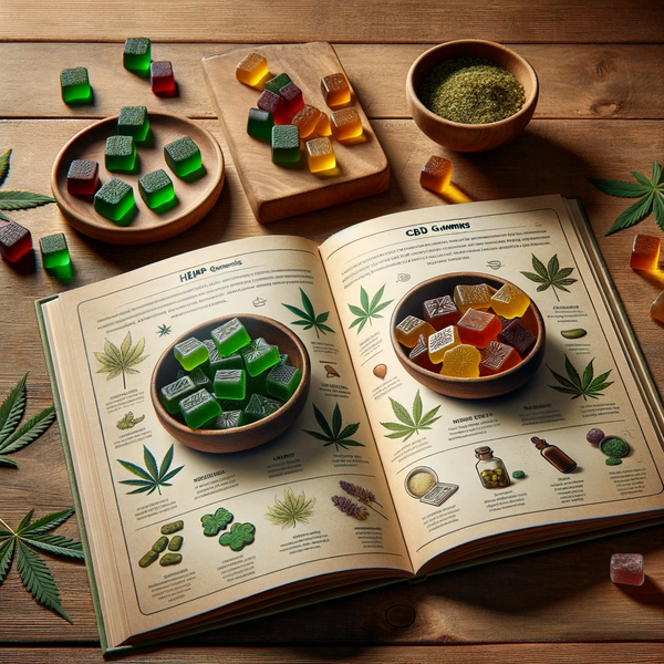 Photo of a wooden table with two distinct bowls_ one filled with green, plant-textured hemp gummies and the other with translucent, amber-hued CBD gummies