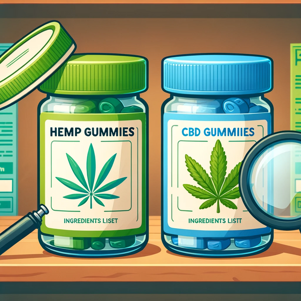 Illustration of two distinct jars on a shelf, one labeled 'Hemp Gummies' in green and the other 'CBD Gummies' in blue.