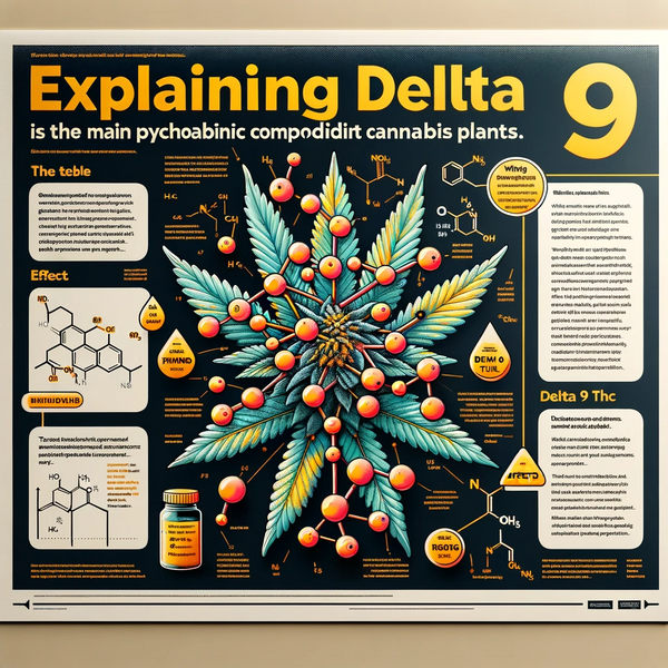 An educational poster titled 'Explaining Delta 9'. The top of the poster features a title in bold letters. Below the title, include a brief, easy-to-understand explanation that reads, 'Delta 9 THC is the main psychoactive component in cannabis plants'.