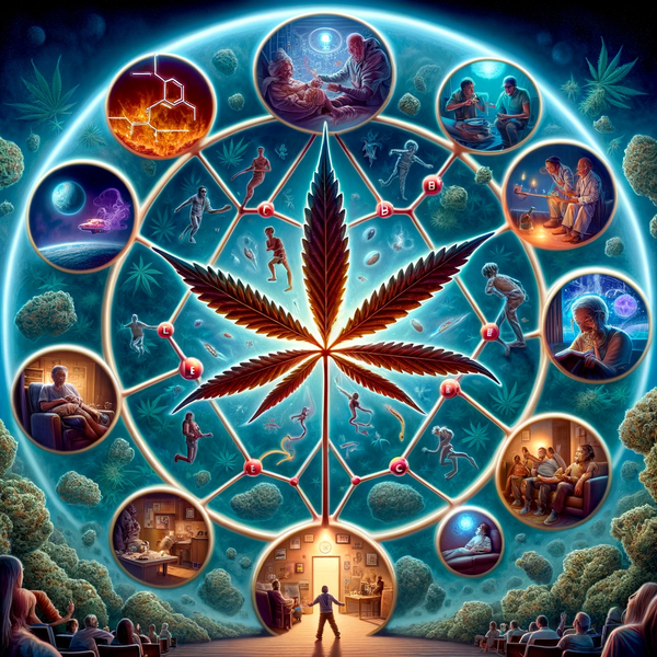 An artistic representation titled 'The Bigger Picture' showcasing Delta 9 THC as a microcosm of the cannabis world.