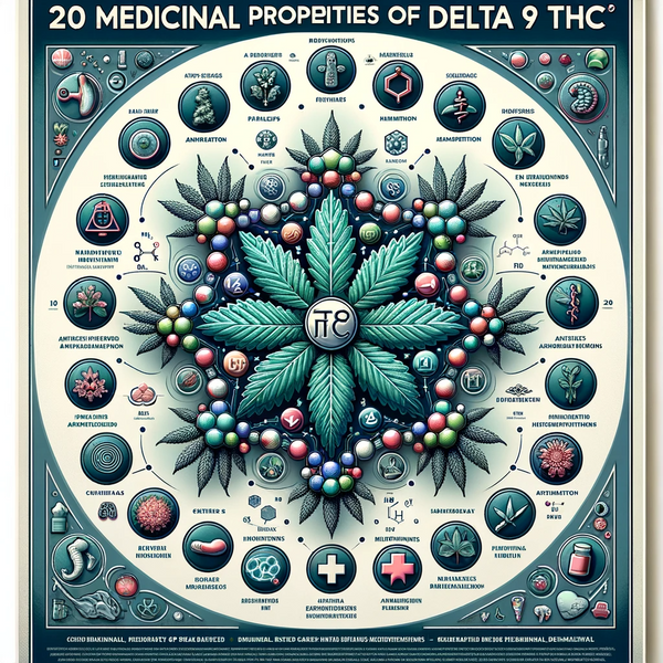 A detailed visual representation titled '20 Medicinal Properties of Delta 9 THC'.