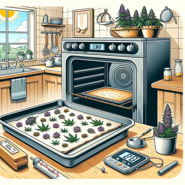 A detailed illustration of step one in making CBD oil, featuring a kitchen setup with a baking sheet and CBD flowers spread out on it.