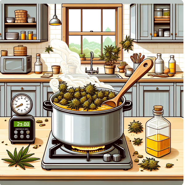 An informative illustration showing step two in making CBD oil_ the infusion process.
