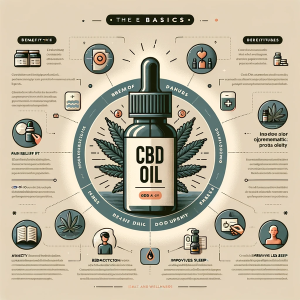 An educational infographic illustrating the basics of CBD oil and its therapeutic benefits.